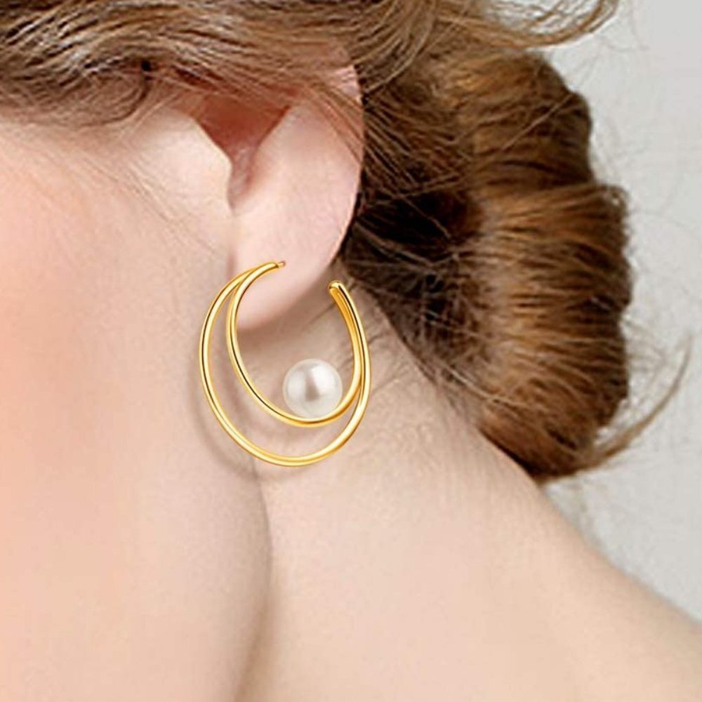 Hoop Faux Pearl Earrings 18K Gold Plated